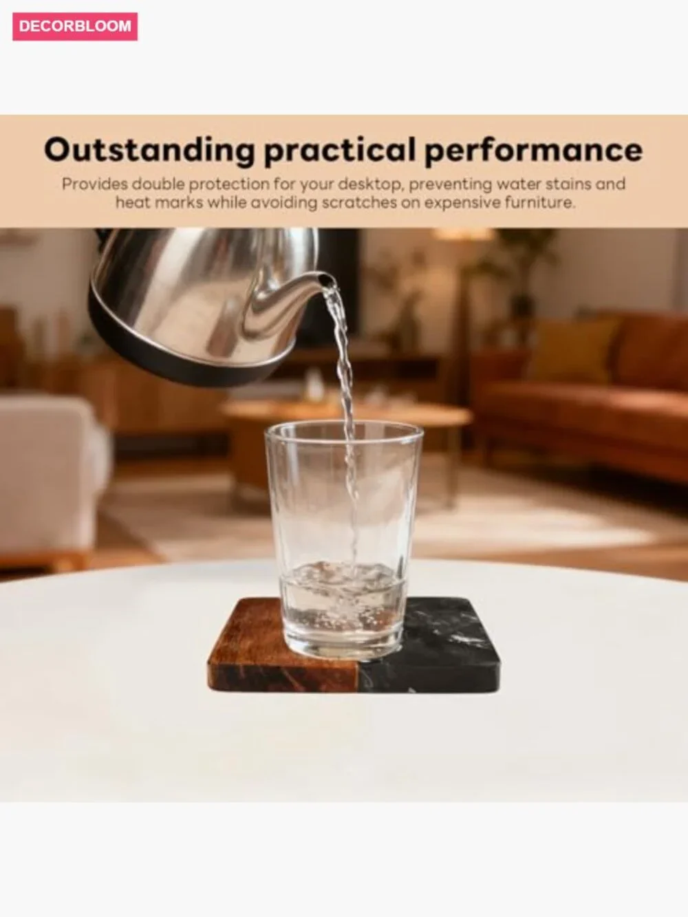 4-Piece Acacia Wood Marble Coasters Set for Kitchen Office
